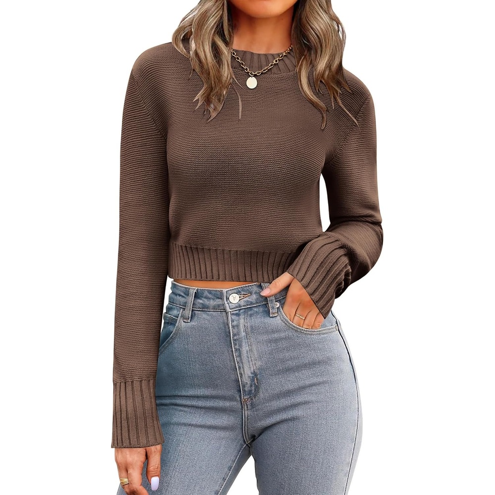 image:imageZeagoo Womens 2026 Fall Crewneck Cropped Sweaters Long Sleeve Knit TopsBrown