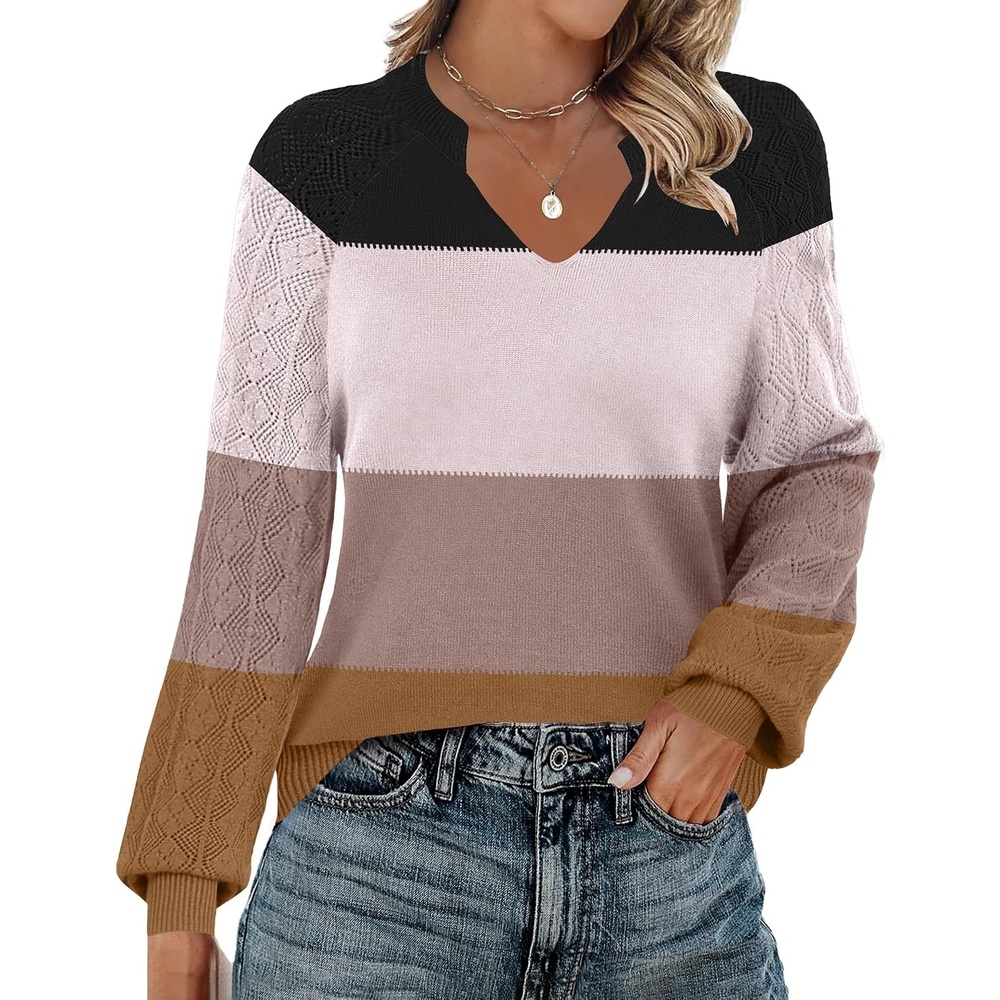 image:imageZeagoo Womens 2026 Fall Sweaters Casual Long Sleeve V Neck Loose Lightweight Crochet Knit Pullover Sweater TopsColorblock Tw638