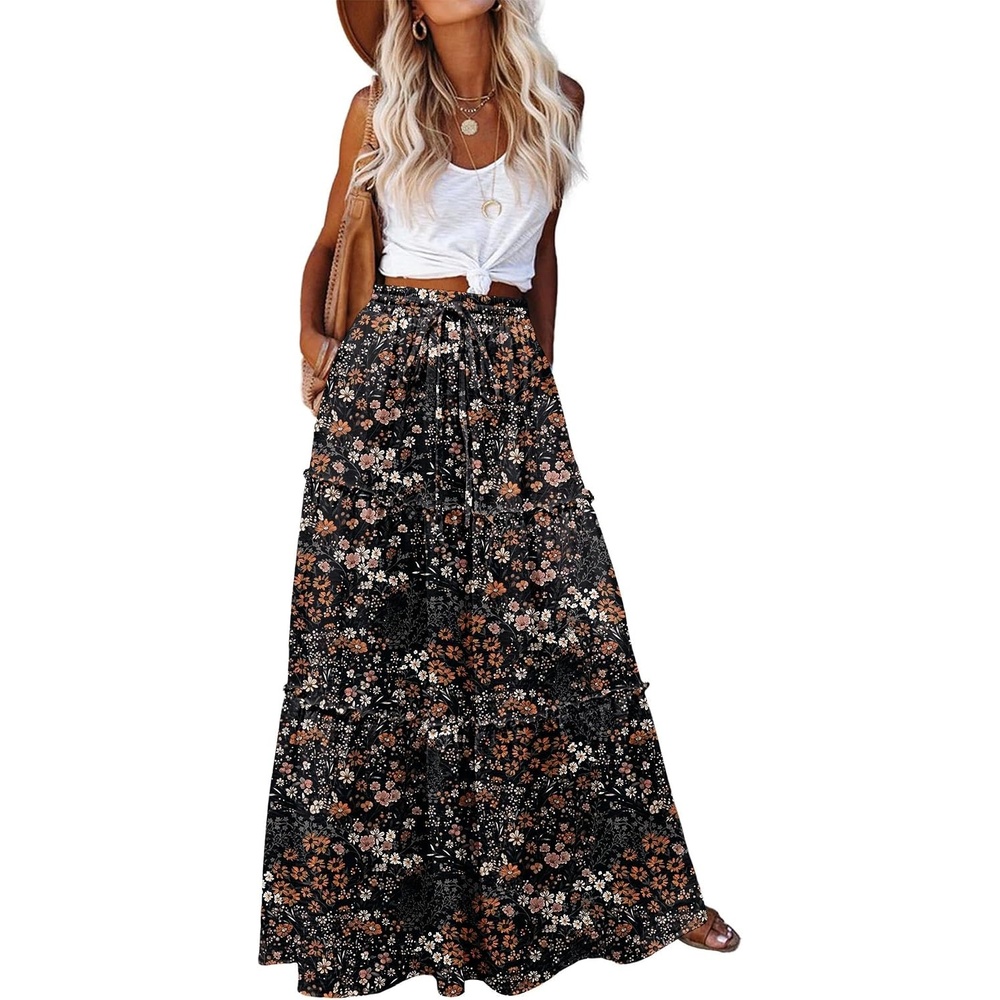 image:imageZeagoo Womens Casual Maxi Skirts for Women 2026 High Waist Boho Skirts Floral Printed Long Flowy Skirt with PocketsBlack Floralprinted