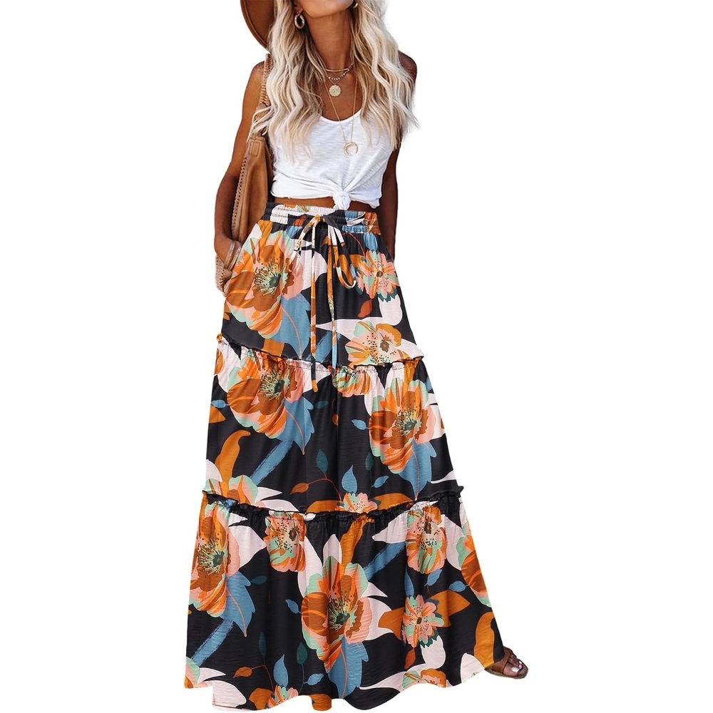 image:imageZeagoo Womens Casual Maxi Skirts for Women 2026 High Waist Boho Skirts Floral Printed Long Flowy Skirt with PocketsBlackfloralprinted