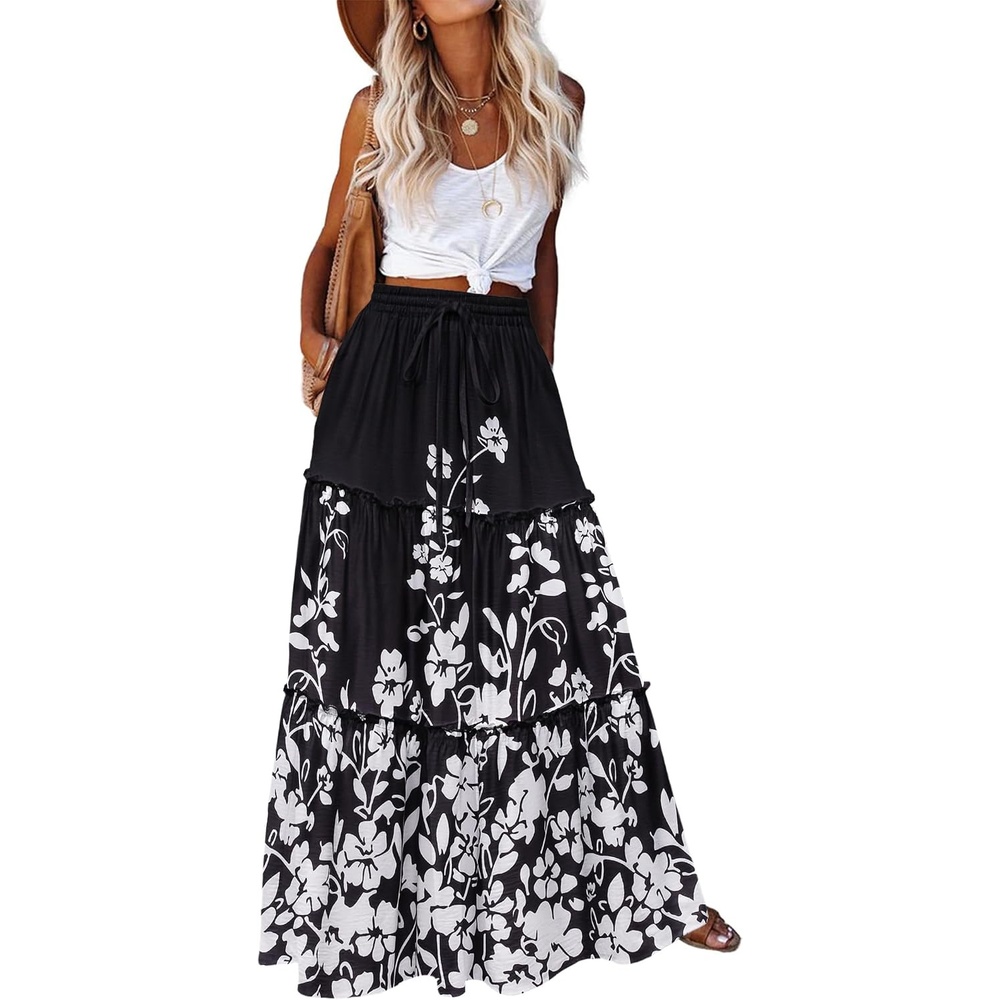 image:imageZeagoo Womens Casual Maxi Skirts for Women 2026 High Waist Boho Skirts Floral Printed Long Flowy Skirt with PocketsBlckprinted