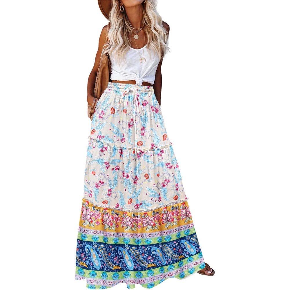 image:imageZeagoo Womens Casual Maxi Skirts for Women 2026 High Waist Boho Skirts Floral Printed Long Flowy Skirt with PocketsFloralprinted03