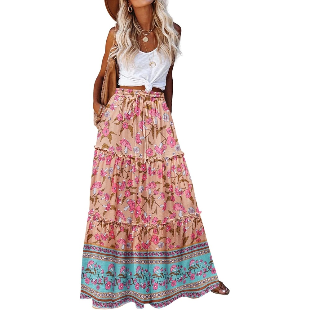 image:imageZeagoo Womens Casual Maxi Skirts for Women 2026 High Waist Boho Skirts Floral Printed Long Flowy Skirt with PocketsFloralprinted05