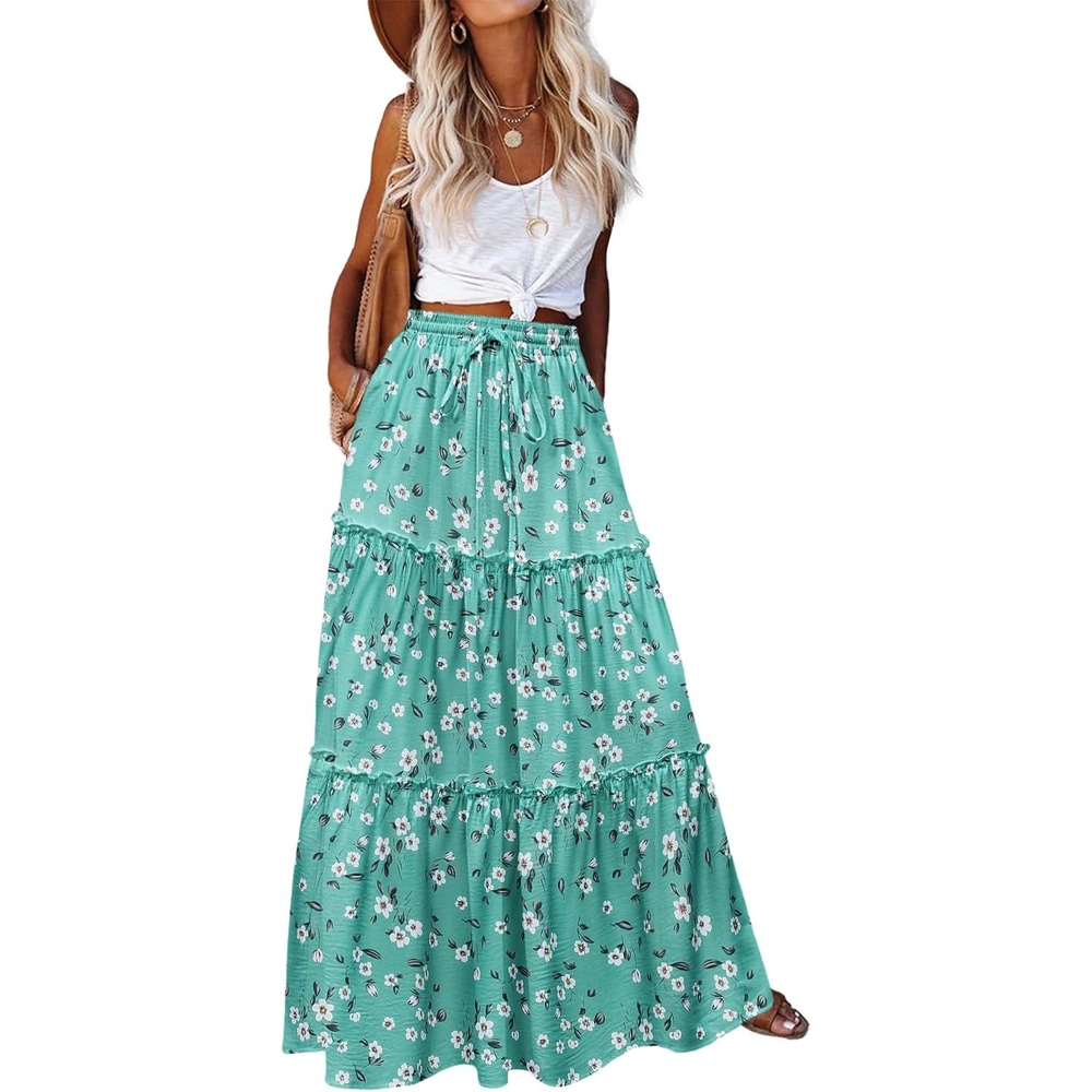 image:imageZeagoo Womens Casual Maxi Skirts for Women 2026 High Waist Boho Skirts Floral Printed Long Flowy Skirt with PocketsGreenfloralprinted