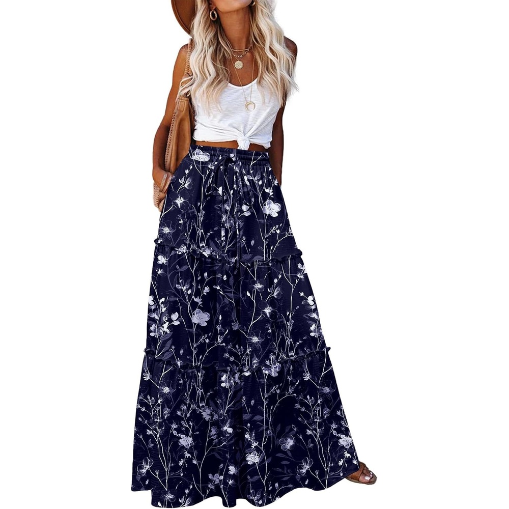 image:imageZeagoo Womens Casual Maxi Skirts for Women 2026 High Waist Boho Skirts Floral Printed Long Flowy Skirt with PocketsNavy Blue Floral