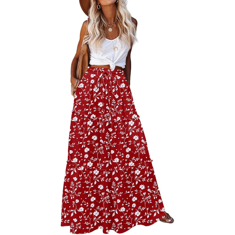 image:imageZeagoo Womens Casual Maxi Skirts for Women 2026 High Waist Boho Skirts Floral Printed Long Flowy Skirt with PocketsRed Floralprinted