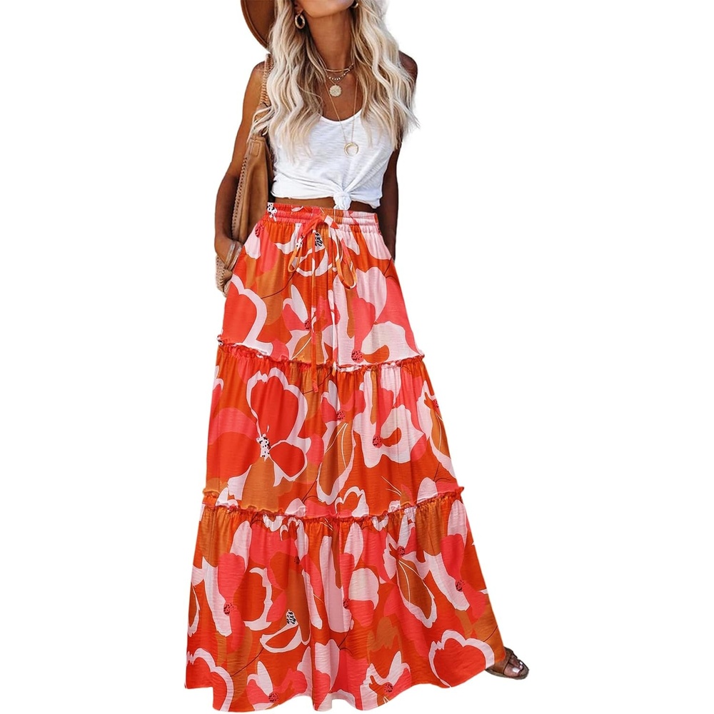 image:imageZeagoo Womens Casual Maxi Skirts for Women 2026 High Waist Boho Skirts Floral Printed Long Flowy Skirt with PocketsRedprinted