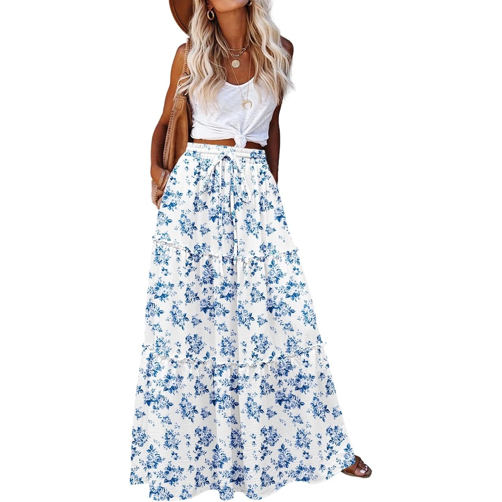 image:imageZeagoo Womens Casual Maxi Skirts for Women 2026 High Waist Boho Skirts Floral Printed Long Flowy Skirt with PocketsWhitefloral Printed