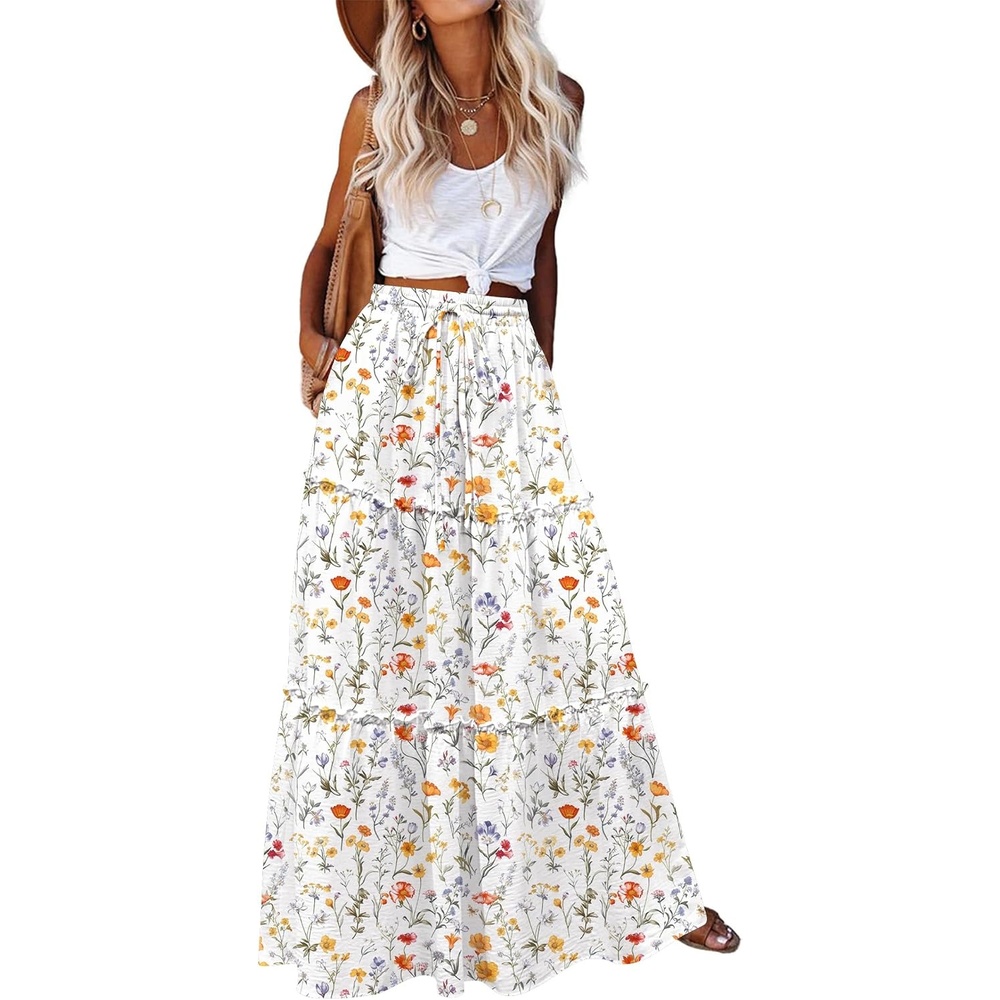 image:imageZeagoo Womens Casual Maxi Skirts for Women 2026 High Waist Boho Skirts Floral Printed Long Flowy Skirt with PocketsXh403