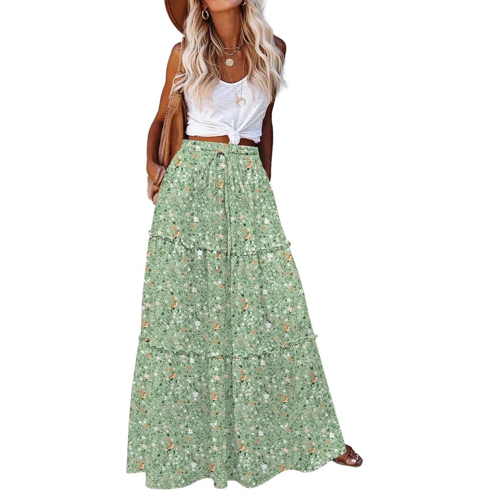 image:imageZeagoo Womens Casual Maxi Skirts for Women 2026 High Waist Boho Skirts Floral Printed Long Flowy Skirt with PocketsXh534
