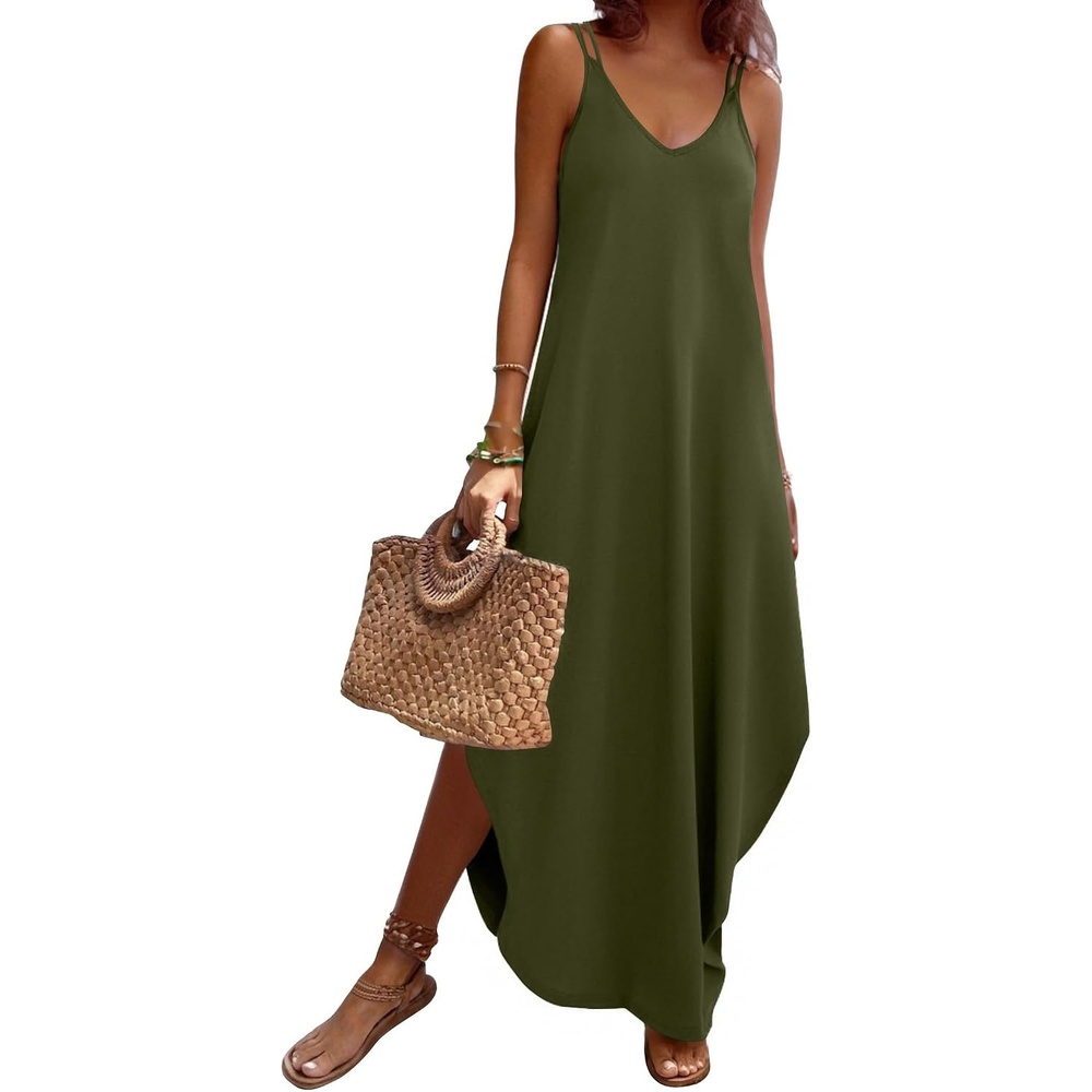 image:imageZeagoo Womens Casual Sundress Summer Maxi Sleeveless V Neck Split Boho Beach Dress Travel Vacation Dress with PocketsArg