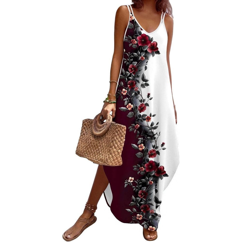 image:imageZeagoo Womens Casual Sundress Summer Maxi Sleeveless V Neck Split Boho Beach Dress Travel Vacation Dress with PocketsBf183