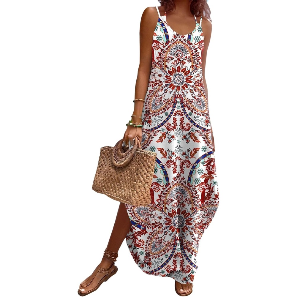 image:imageZeagoo Womens Casual Sundress Summer Maxi Sleeveless V Neck Split Boho Beach Dress Travel Vacation Dress with PocketsColorful Flora1