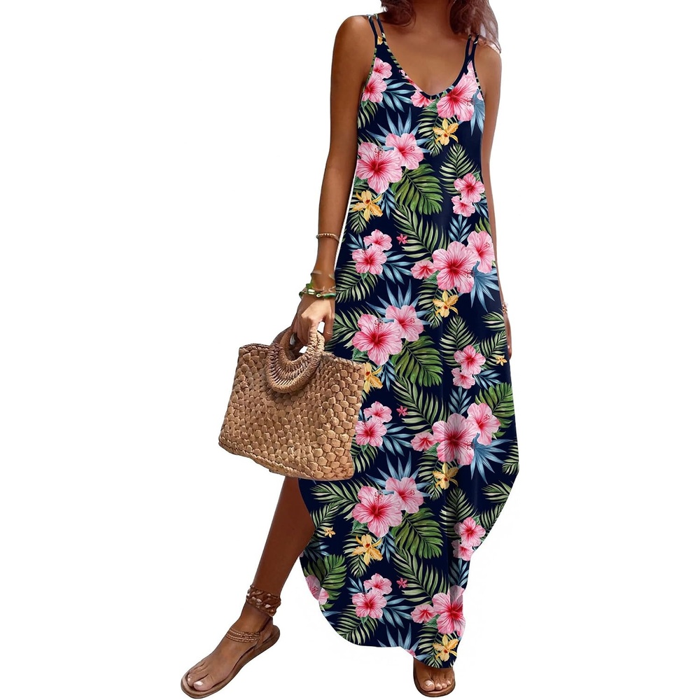 image:imageZeagoo Womens Casual Sundress Summer Maxi Sleeveless V Neck Split Boho Beach Dress Travel Vacation Dress with PocketsColorful Flora3
