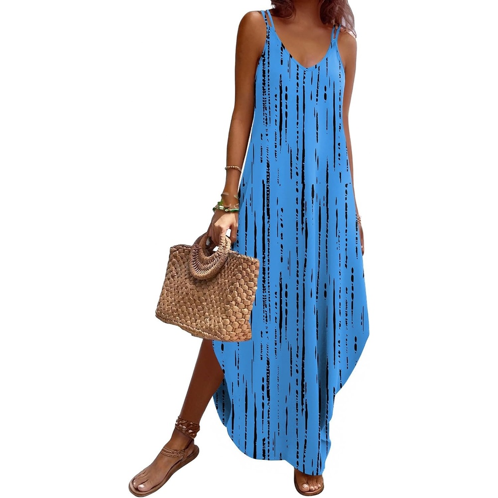 image:imageZeagoo Womens Casual Sundress Summer Maxi Sleeveless V Neck Split Boho Beach Dress Travel Vacation Dress with PocketsZr459