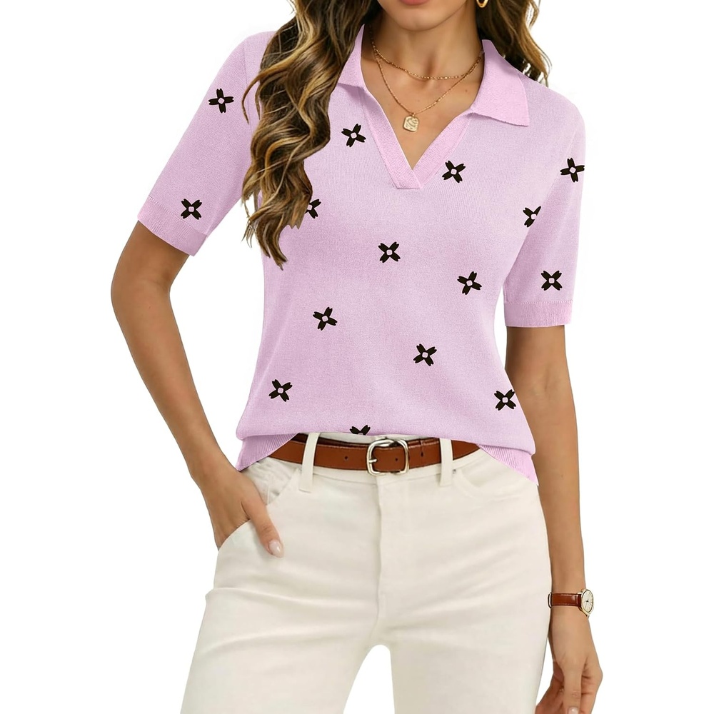 image:imageZeagoo Womens Polo Sweater Short Sleeve V Neck Knitted Business Casual Office Tops Spring PulloverFloral Pink