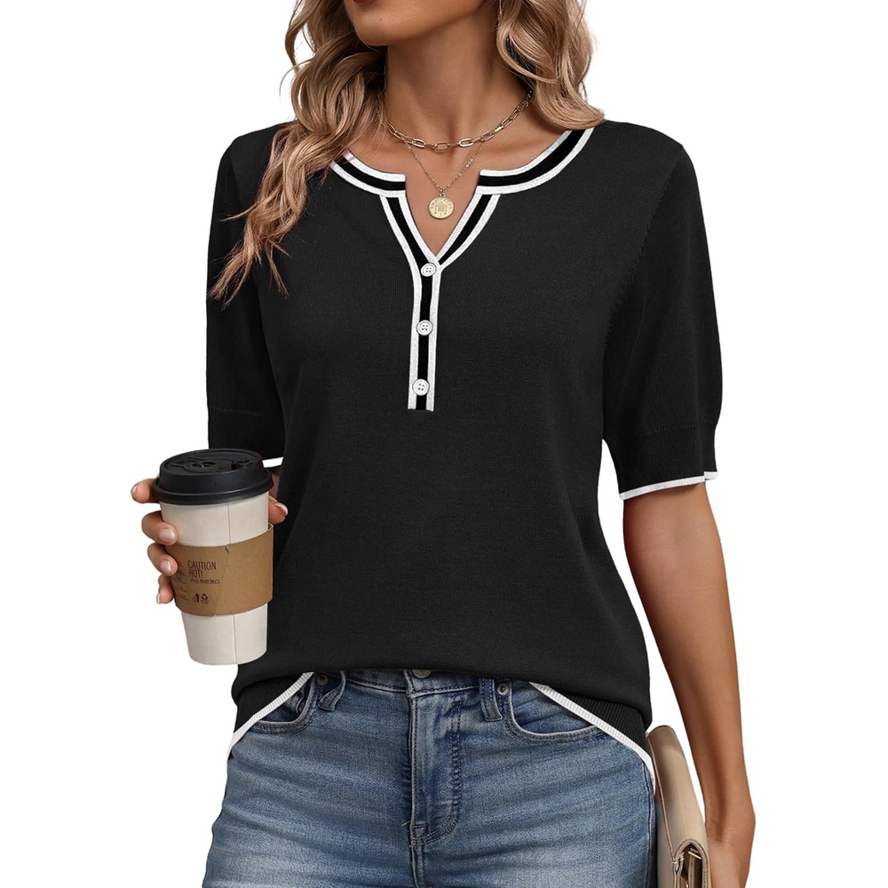 image:imageZeagoo Womens Short Sleeve Sweater 2026 Spring Summer Tops ClothesA Blackwhite