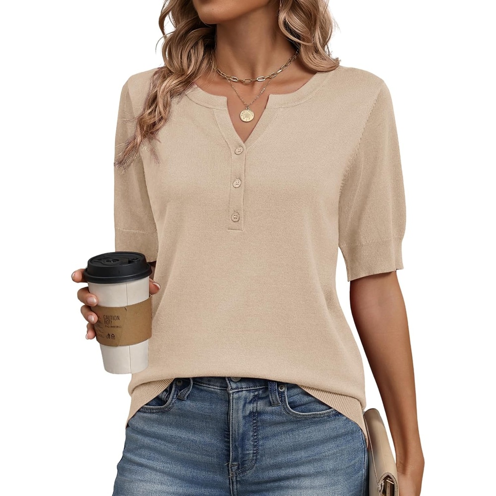 image:imageZeagoo Womens Short Sleeve Sweater 2026 Spring Summer Tops ClothesApricot