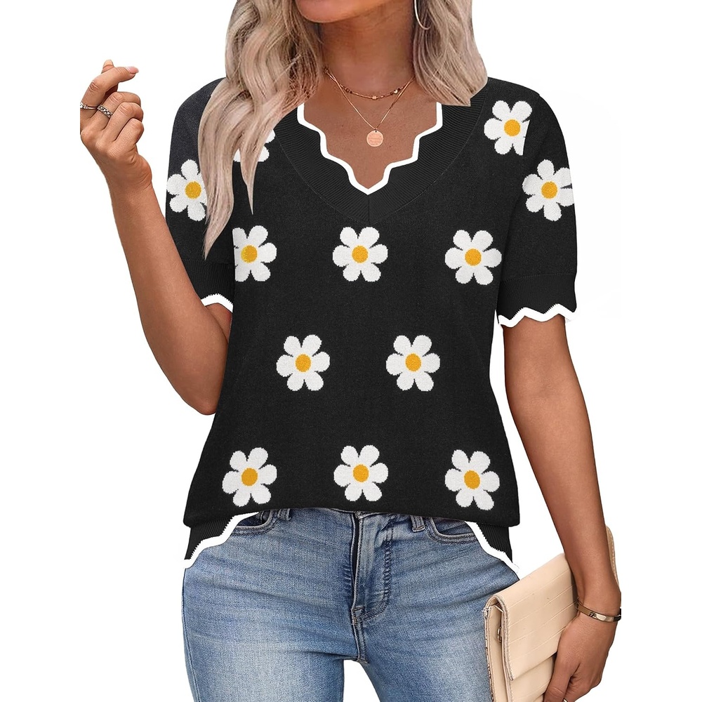 image:imageZeagoo Womens Short Sleeve Sweater 2026 Summer V Neck Tops Dressy BlousesAflower Black