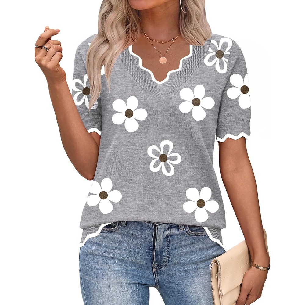 image:imageZeagoo Womens Short Sleeve Sweater 2026 Summer V Neck Tops Dressy BlousesAflower Grey