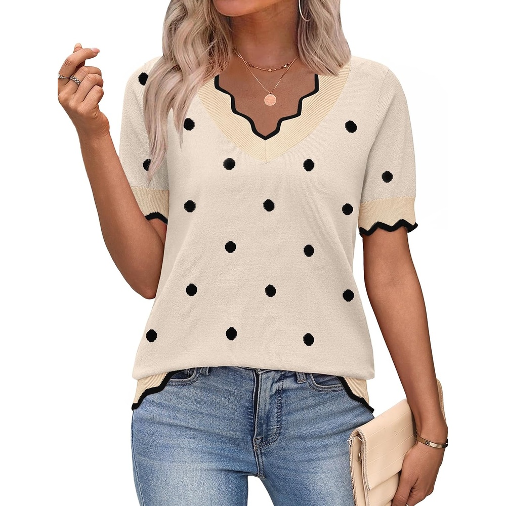 image:imageZeagoo Womens Short Sleeve Sweater 2026 Summer V Neck Tops Dressy BlousesAkhaki Polka Dot