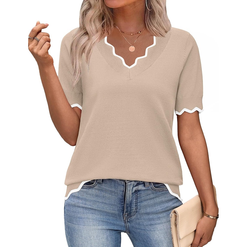 image:imageZeagoo Womens Short Sleeve Sweater 2026 Summer V Neck Tops Dressy BlousesApricot