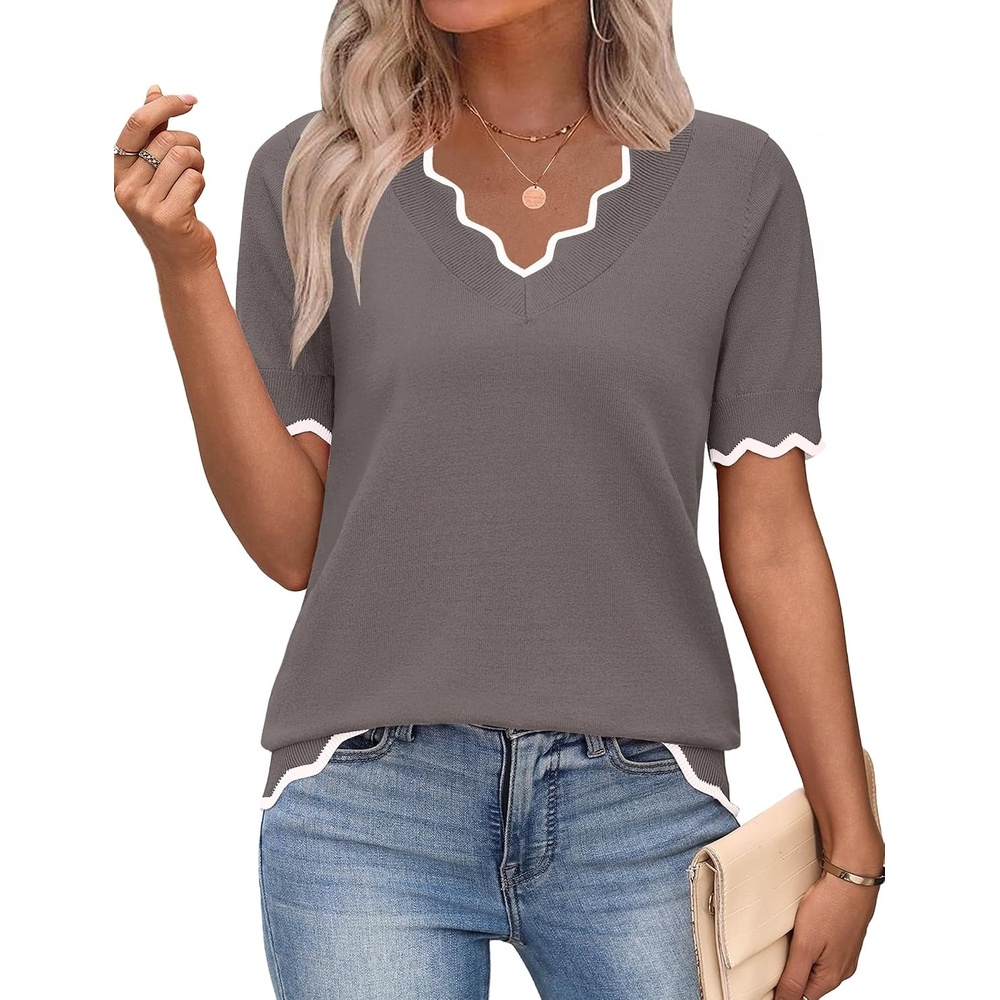 image:imageZeagoo Womens Short Sleeve Sweater 2026 Summer V Neck Tops Dressy BlousesBrown