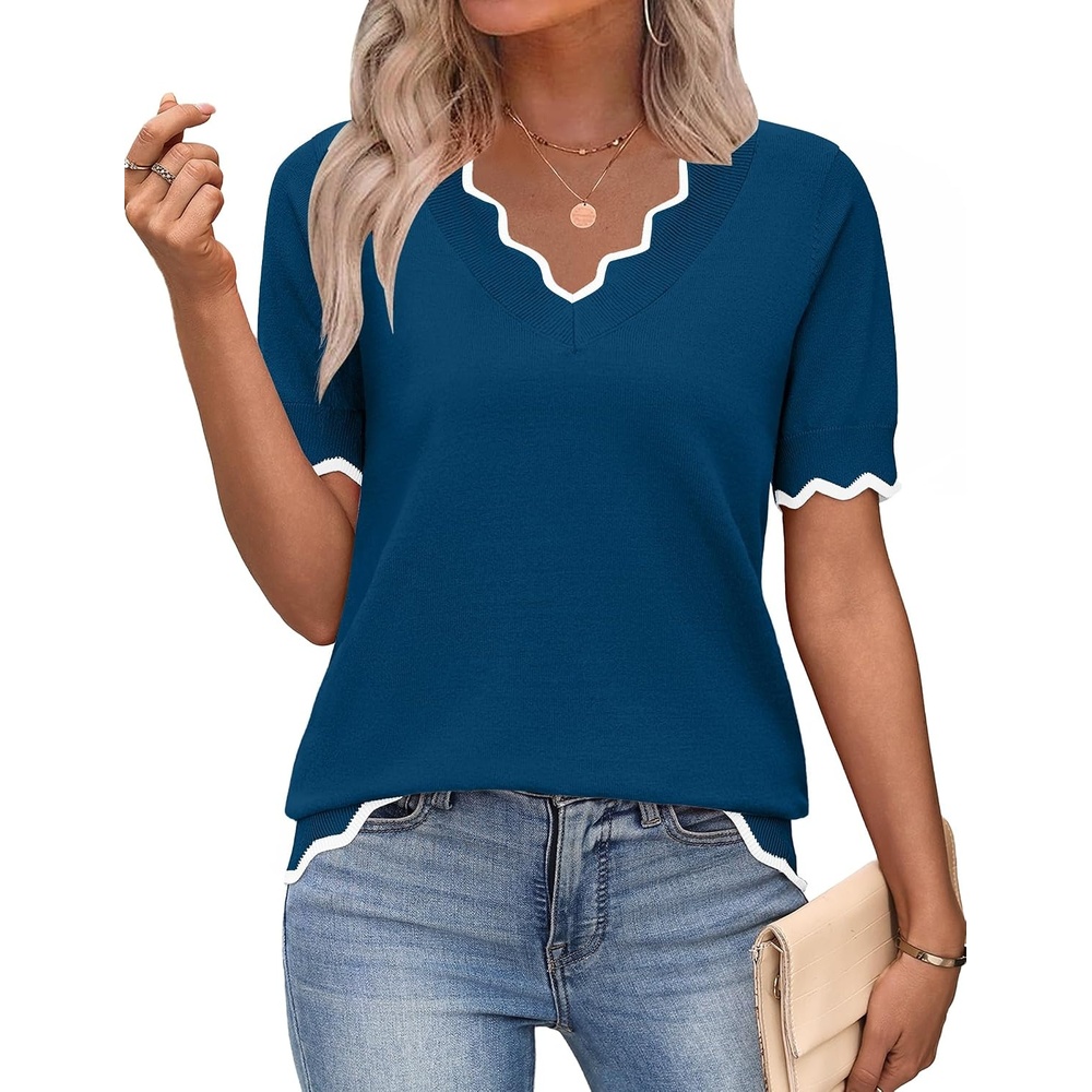 image:imageZeagoo Womens Short Sleeve Sweater 2026 Summer V Neck Tops Dressy BlousesDark Blue
