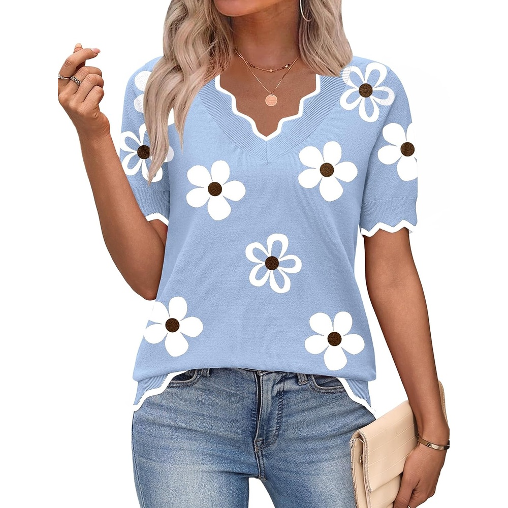 image:imageZeagoo Womens Short Sleeve Sweater 2026 Summer V Neck Tops Dressy BlousesFlower Blue