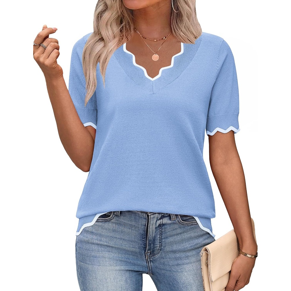 image:imageZeagoo Womens Short Sleeve Sweater 2026 Summer V Neck Tops Dressy BlousesLight Blue