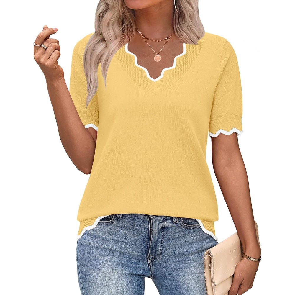 image:imageZeagoo Womens Short Sleeve Sweater 2026 Summer V Neck Tops Dressy BlousesLight Yellow