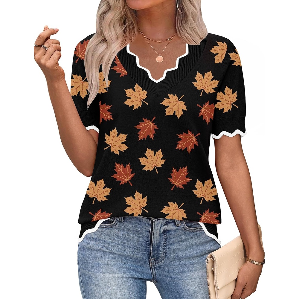 image:imageZeagoo Womens Short Sleeve Sweater 2026 Summer V Neck Tops Dressy BlousesMaple Leaf