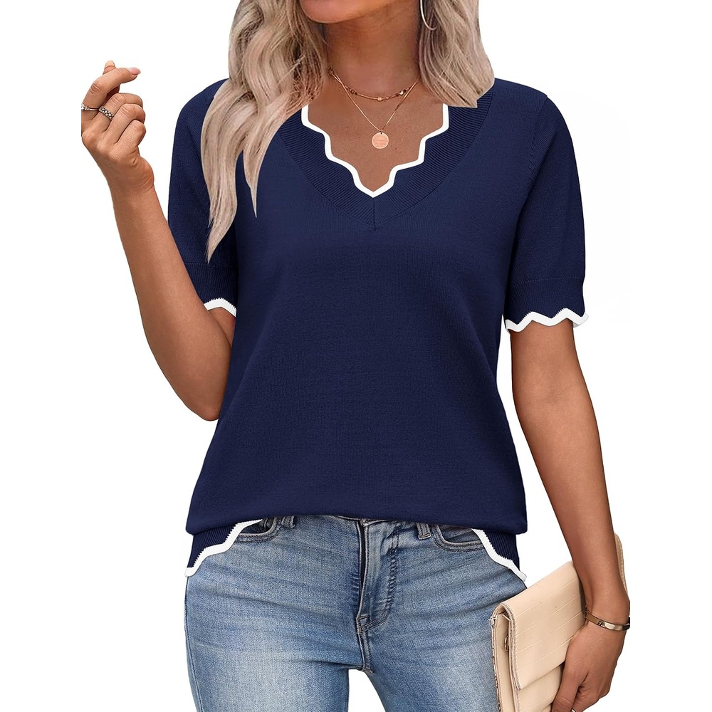 image:imageZeagoo Womens Short Sleeve Sweater 2026 Summer V Neck Tops Dressy BlousesNavy Blue