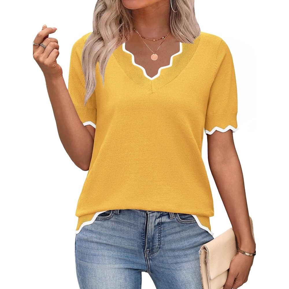 image:imageZeagoo Womens Short Sleeve Sweater 2026 Summer V Neck Tops Dressy BlousesYellow