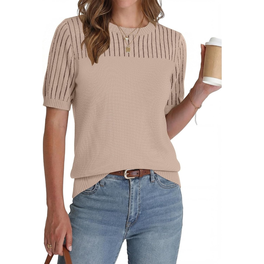 image:imageZeagoo Womens Short Sleeve Sweater Tops 2026 Spring Summer Crew Neck Hollow Out Blouses Dressy Business Casual OutfitsBeige