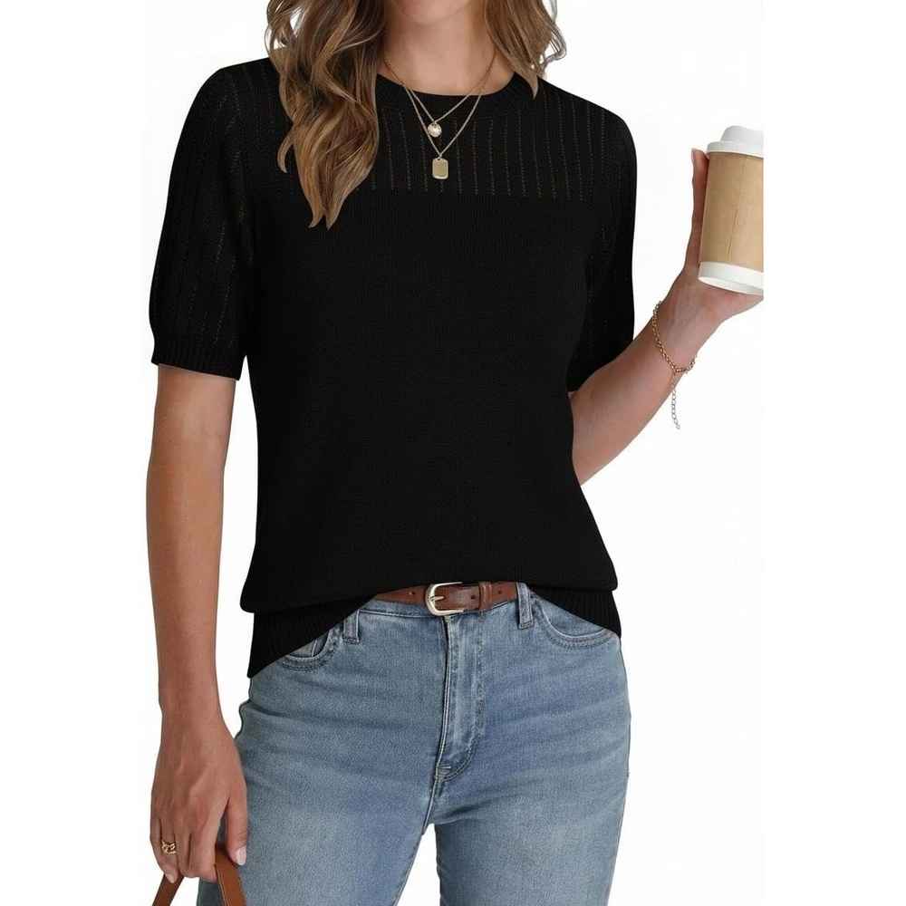 image:imageZeagoo Womens Short Sleeve Sweater Tops 2026 Spring Summer Crew Neck Hollow Out Blouses Dressy Business Casual OutfitsBlack