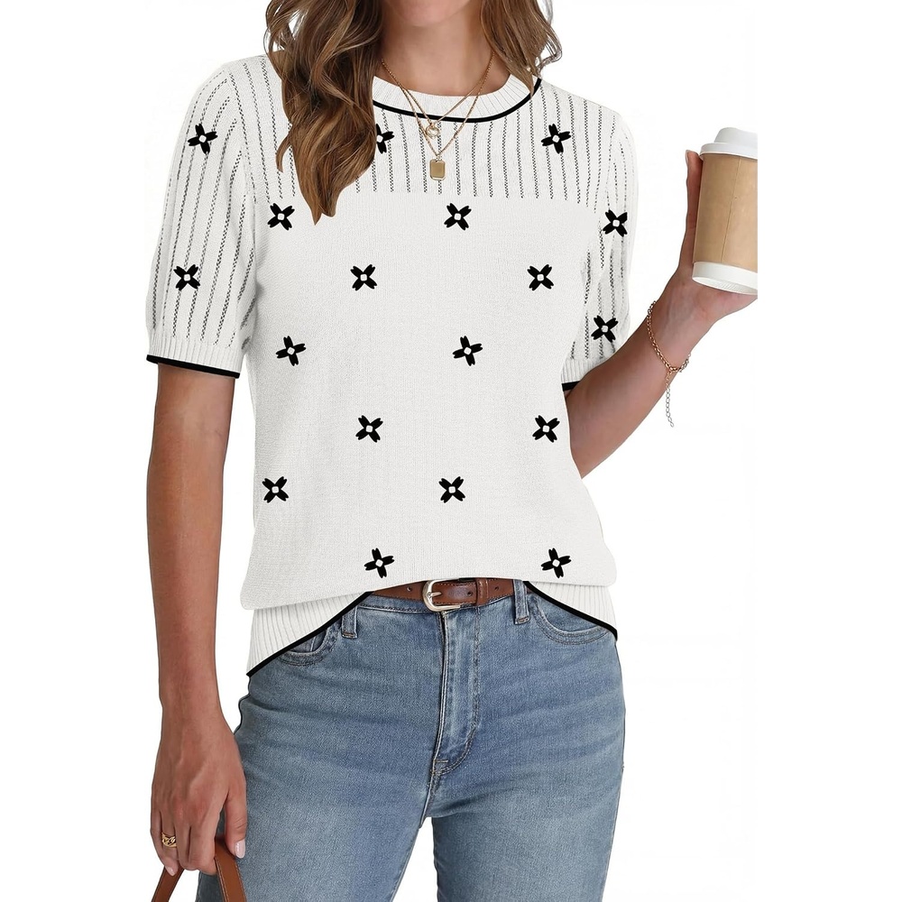 image:imageZeagoo Womens Short Sleeve Sweater Tops 2026 Spring Summer Crew Neck Hollow Out Blouses Dressy Business Casual OutfitsBlack Flower