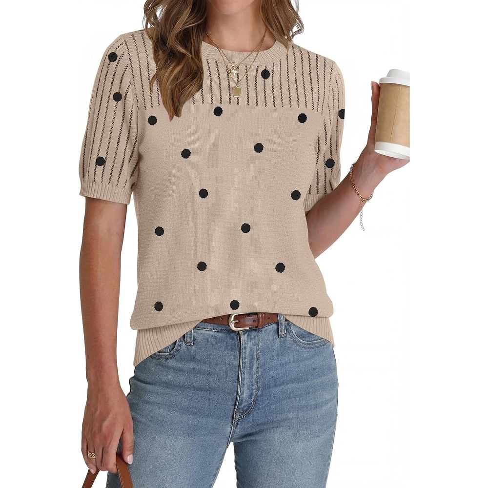 image:imageZeagoo Womens Short Sleeve Sweater Tops 2026 Spring Summer Crew Neck Hollow Out Blouses Dressy Business Casual OutfitsBlack Polka Dots