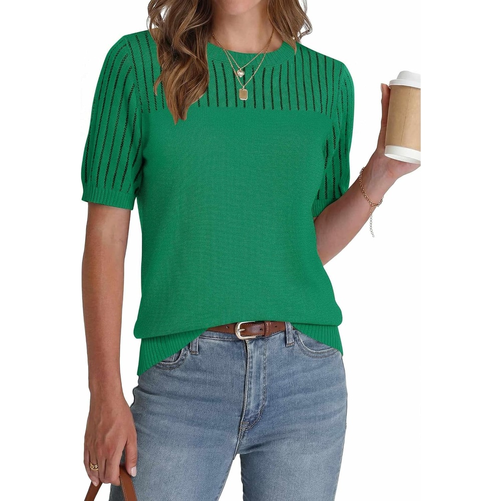 image:imageZeagoo Womens Short Sleeve Sweater Tops 2026 Spring Summer Crew Neck Hollow Out Blouses Dressy Business Casual OutfitsGreen