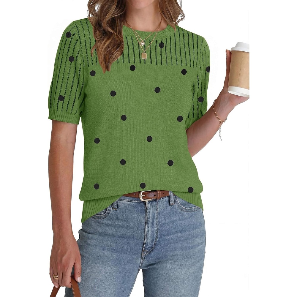 image:imageZeagoo Womens Short Sleeve Sweater Tops 2026 Spring Summer Crew Neck Hollow Out Blouses Dressy Business Casual OutfitsGreen Polka Dots