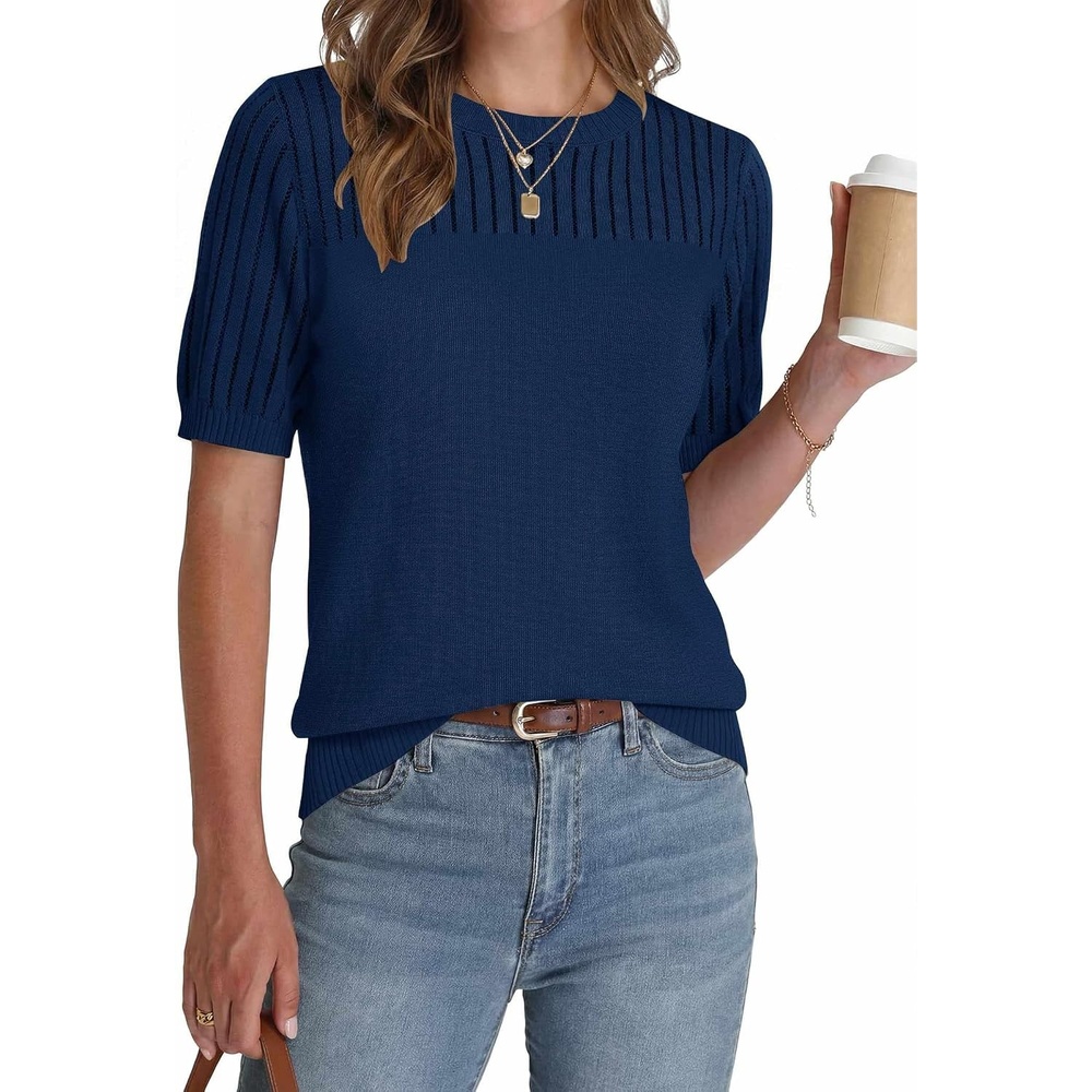 image:imageZeagoo Womens Short Sleeve Sweater Tops 2026 Spring Summer Crew Neck Hollow Out Blouses Dressy Business Casual OutfitsNavy