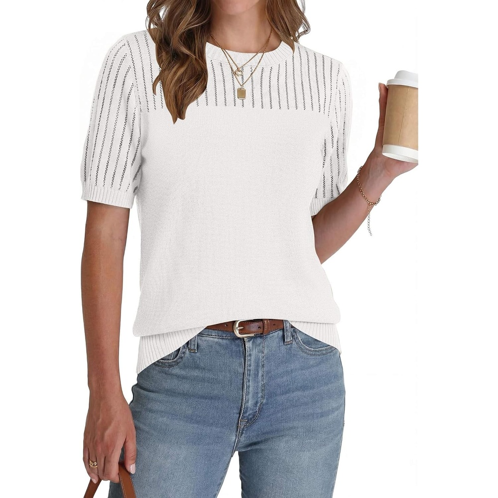 image:imageZeagoo Womens Short Sleeve Sweater Tops 2026 Spring Summer Crew Neck Hollow Out Blouses Dressy Business Casual OutfitsWhite