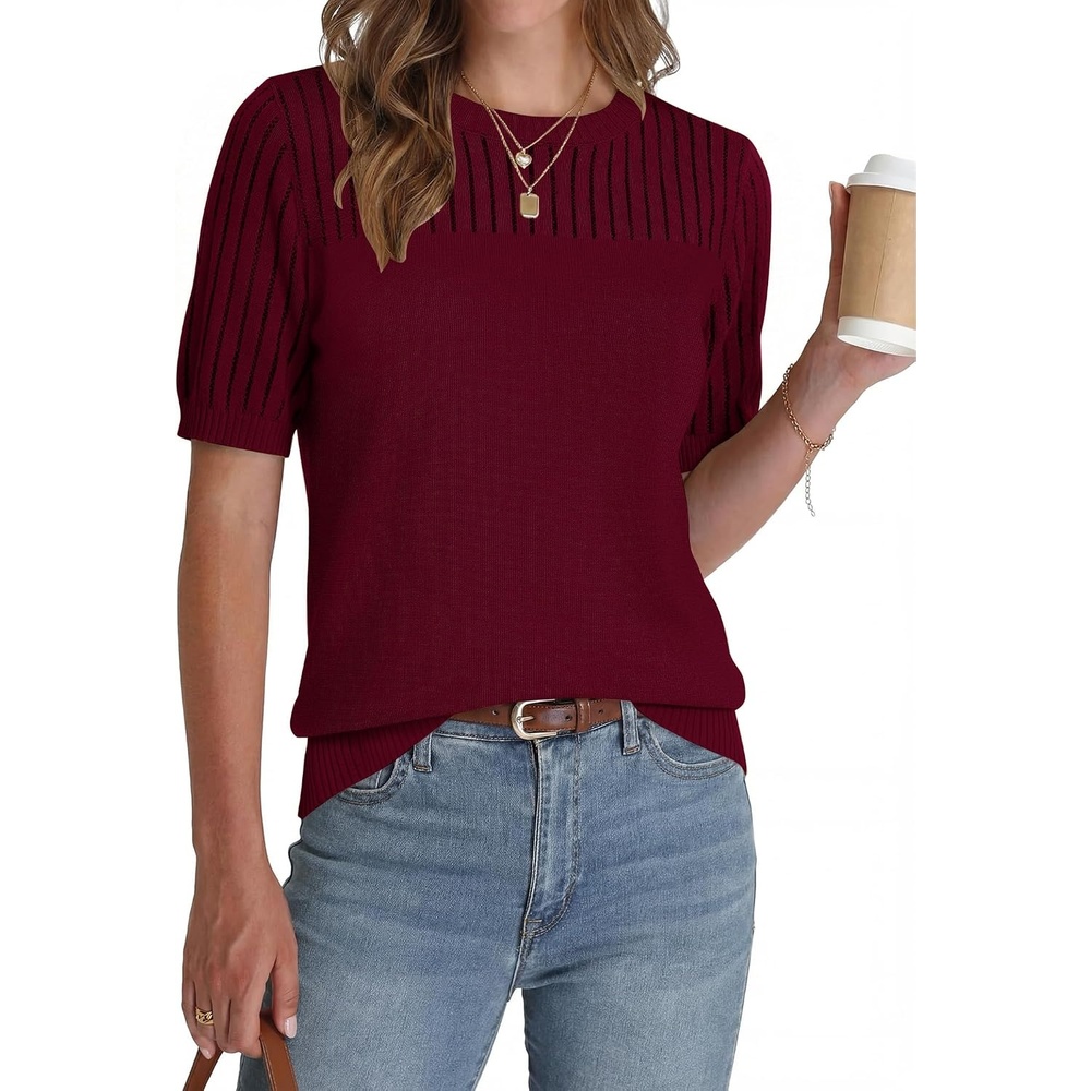 image:imageZeagoo Womens Short Sleeve Sweater Tops 2026 Spring Summer Crew Neck Hollow Out Blouses Dressy Business Casual OutfitsWine Red