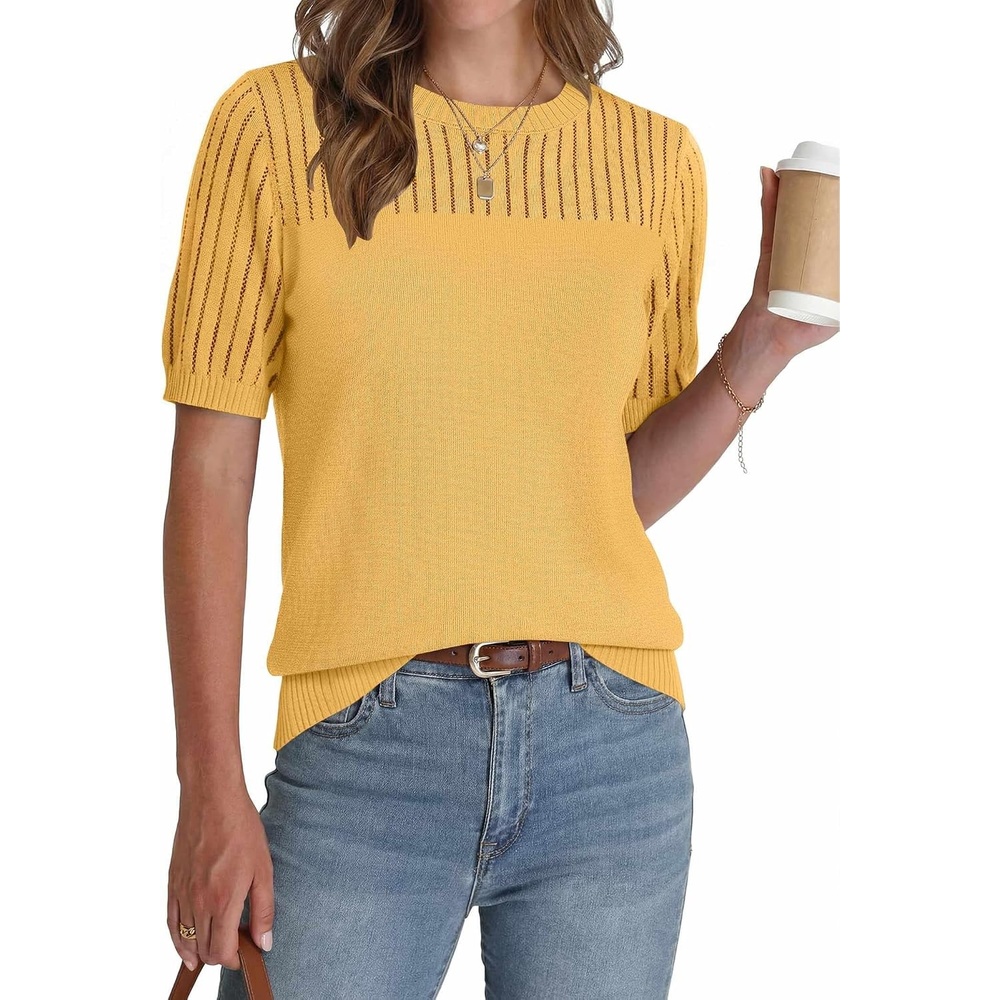 image:imageZeagoo Womens Short Sleeve Sweater Tops 2026 Spring Summer Crew Neck Hollow Out Blouses Dressy Business Casual OutfitsYellow