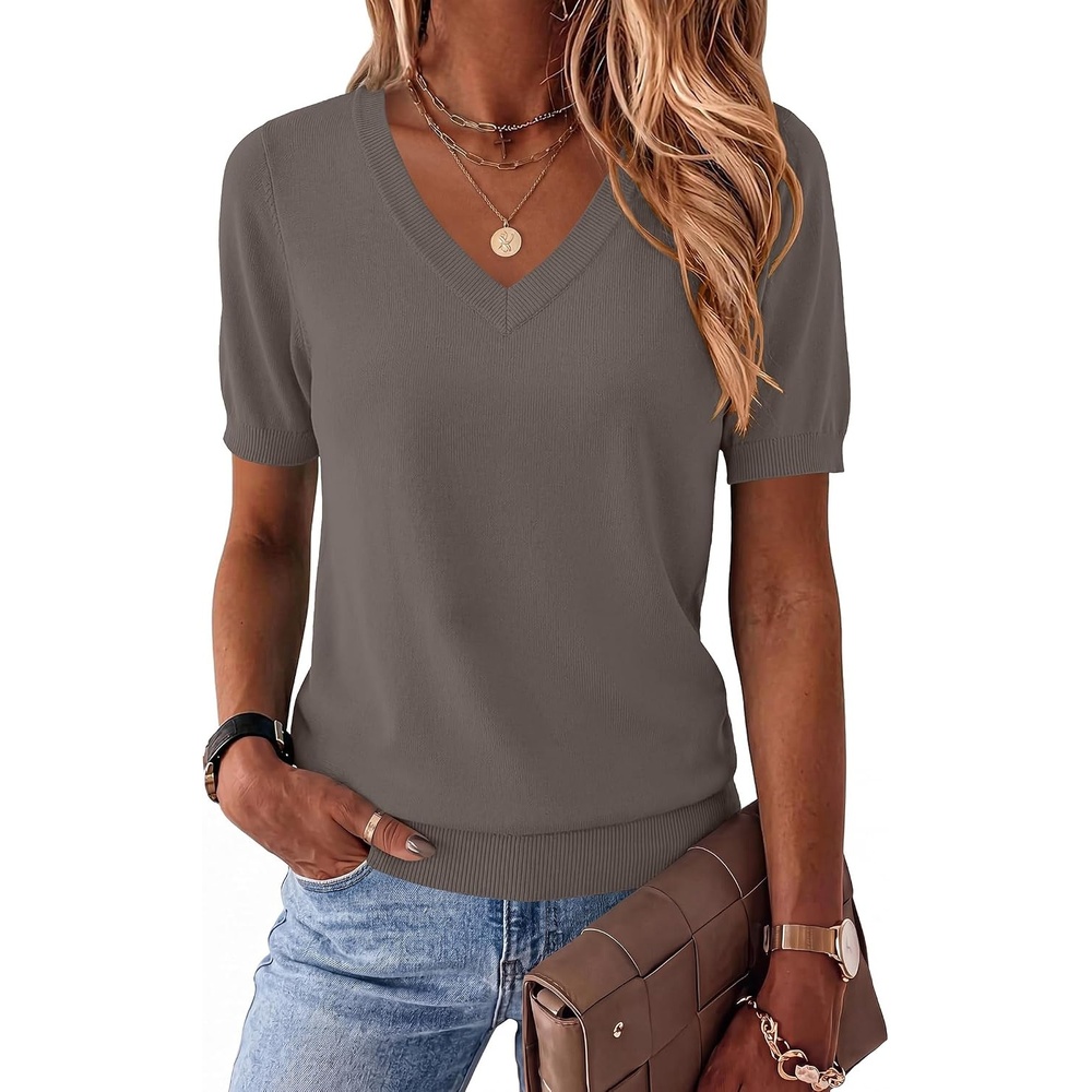 image:imageZeagoo Womens Short Sleeve Sweaters Summer V Neck Business Casual Knit TopsCoffee
