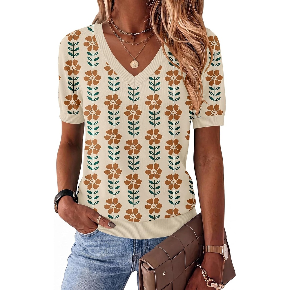 image:imageZeagoo Womens Short Sleeve Sweaters Summer V Neck Business Casual Knit TopsFloral Apricot