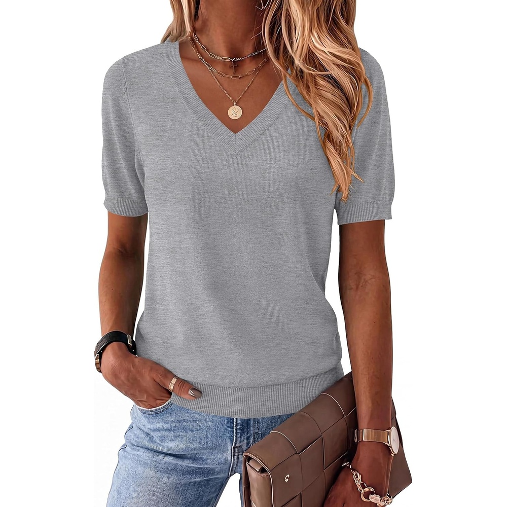 image:imageZeagoo Womens Short Sleeve Sweaters Summer V Neck Business Casual Knit TopsLight Gray