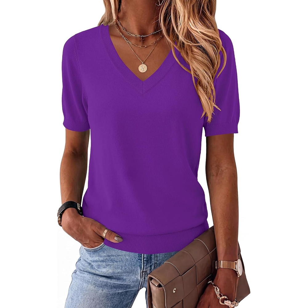 image:imageZeagoo Womens Short Sleeve Sweaters Summer V Neck Business Casual Knit TopsPurple