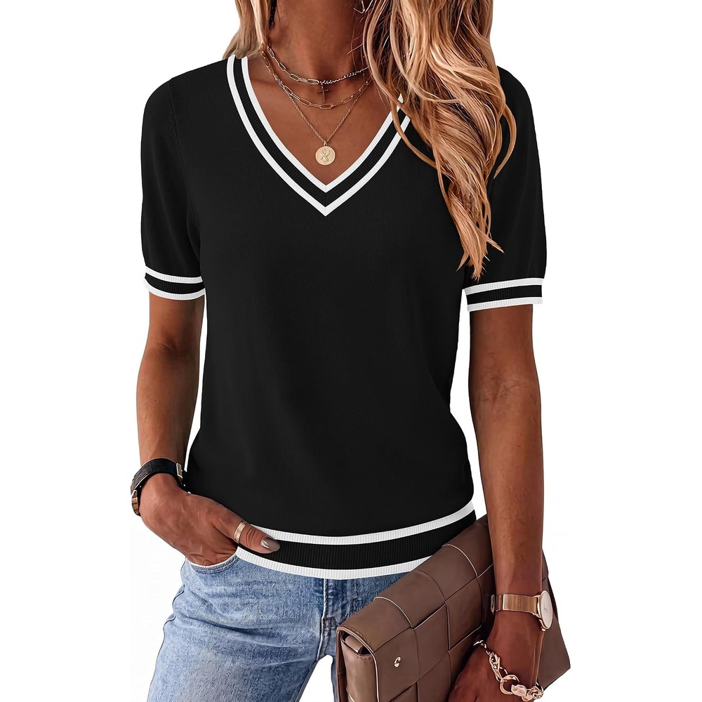 image:imageZeagoo Womens Short Sleeve Sweaters Summer V Neck Business Casual Knit TopsTz288