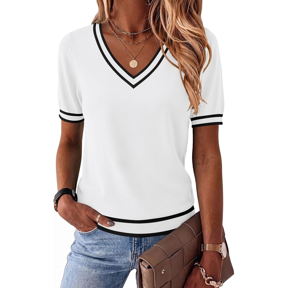 image:imageZeagoo Womens Short Sleeve Sweaters Summer V Neck Business Casual Knit TopsTz289